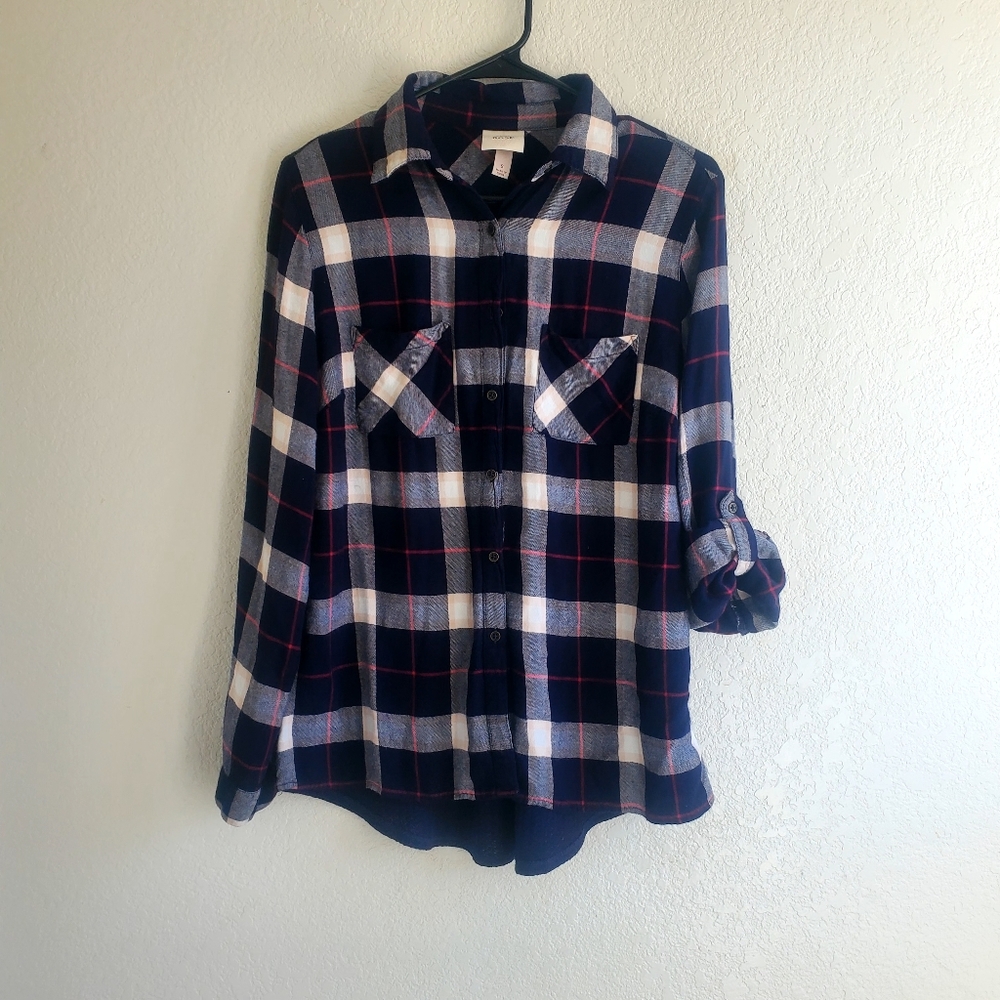 Knox Rose Navy Plaid Waffle Back Knit Tunic Top Boho Peasant Cabincore Western